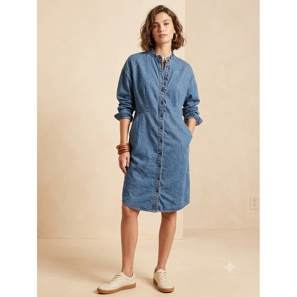 Boden Dresses & Skirts - Boden Womens Blue Denim Ruffle Neck Button Front Long Sleeve Shirt Dress US 4R